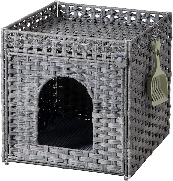 Cat Litter Enclosure with Hidden Litter Mat and Rattan Cat House, Supports Two Litter Boxes, Ideal for Living Room or Bedroom (Gray)