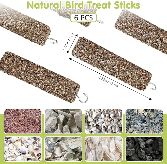 PINVNBY 6 PCS Parakeet Treats Natural Minerals Parrot Treat Sticks Calcium Cockatiel Snacks Hanging Bird Chewing Toy for Budgies Conurus Lovebirds Finches