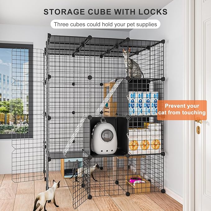 Large Cat Cage Indoor - Metal Wire Cat Enclosure with Storage Cube, Detachable Kitty Cage with Platform for 1-3 Cats, 3x3x4 Spacious Cat Kennel
