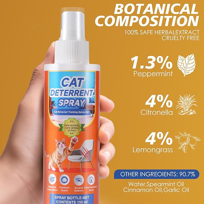 Natural Cat Deterrent Spray, Cat Repellent Spray for Indoor and Outdoor, Strengthened Cat Scratch Deterrent for Furniture, Anti Marking Deterrent for Sofas or Carpet (150 ml)