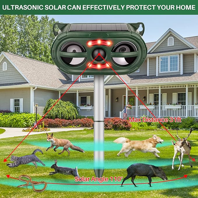 Ultrasonic Animal Repeller,Solar Pest Animal Repellent Outdoor,Cat Repellent Outdoor,Dog Repellent with Motion Sensor & Flashing Light,Deer Repellent Devices for Repelling Cat,Rabbit,Deer,Fox