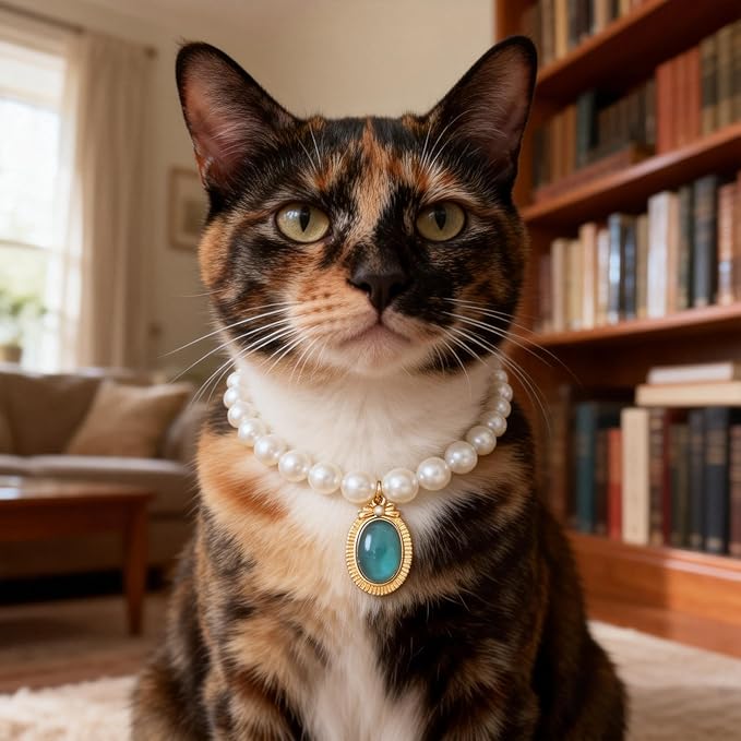 Cat Dog Sparkle Jewelry Pearl Collar Puppy Kitten Rhinestone Pendant Adjustable Charm Necklace for Small Pets Wedding Photography 2 Pack (Pink and Royal Blue)