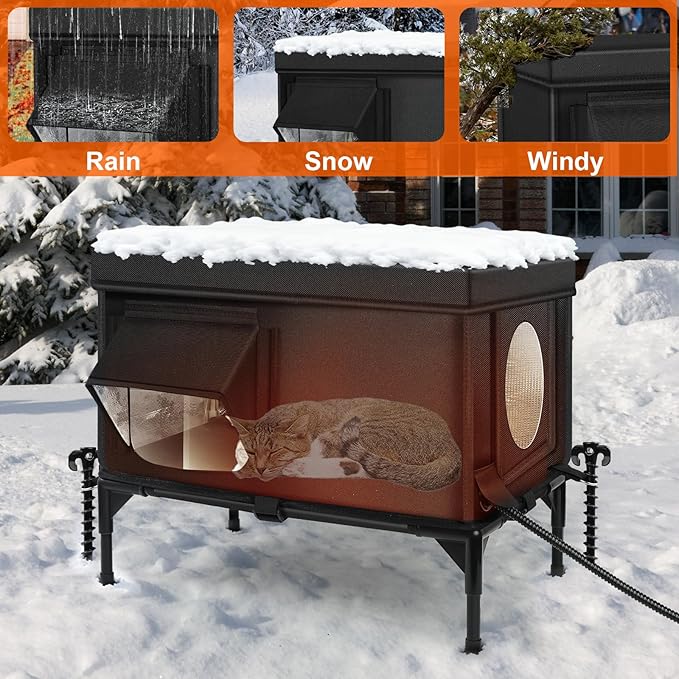Heated Outdoor Cat House Weatherproof with Heating Pad, Heated Cats House for Outside, Insulated Feral Cat Houses for Outdoor Cats with Safe Escape Door, Elevated Outside Stray Cats Shelter(M)