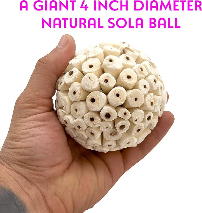 by M&M 5108 Mega 4 Inch Sola Ball Pk2 - Large Handmade Natural Sola Wood Bird Foot Toys, Shreddable Spheres, Great for Chewing Beaks and Grabbing Feet, Excellent for Med to Lg Birds
