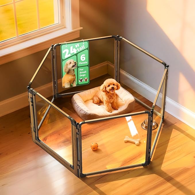 FXW AuraSpace Pro Metal & Acrylic Indoor Dog Playpen, All-Acrylic Clear Heavy-Duty Design, 24" Height 6 Panels for Puppies & Small Dogs,Walnut│Patented