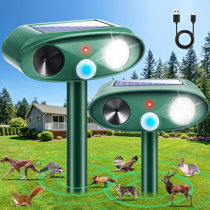 2Pack Solar Ultrasonic Animal Repellent Outdoor with Motion Detection&Flash Light,USB Rechargeable Waterproof Cat Repellent Outdoor Keep Deer Squirrel Rabbit Opossum Raccoon Away for Yard Garden Lawn