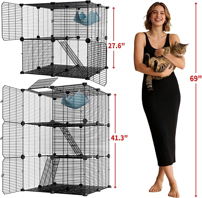 Medium Cat Cage Indoor: Enclosed Cat Enclosure DIY Pet Playpen Detachable Metal Wire Kennel Sturdy Crate with Hammock for Cats Kitten