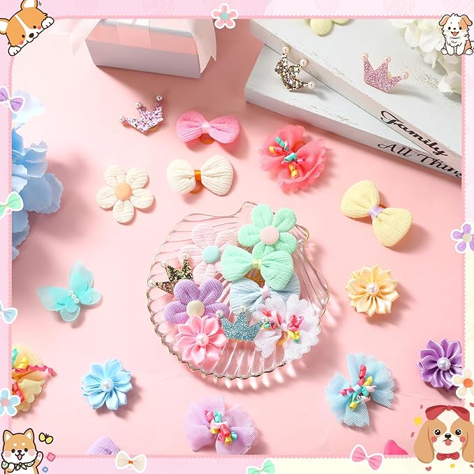 70 Pcs Dog Hair Bows Bulk Cute Flower Butterfly Crown Pearl Puppy Hair Clips Pastel Macaron Pet Accessories for Dog Cat Holiday Party Birthday Grooming