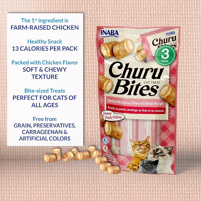 INABA Churu Bites for Cats, Soft/Chewy Baked Chicken Wrapped Churu Filled Cat Treats with Vitamin E, 0.35 Ounces per Tube, 18 Tubes Total (3 Tubes per Pack), Chicken Recipe