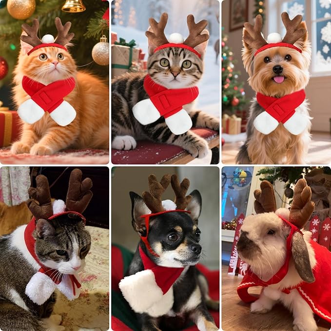 PETLESO Cat Reindeer Antlers with Christmas Scarf, Small Dog Santa Costume, Pet Xmas Outfits for Kitten, Puppy