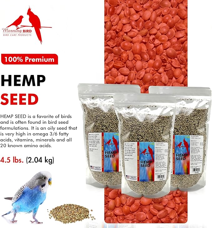 Morning Bird Hemp Seeds 4.5 lbs (3-Pack, 1.5 lbs Each) – High in Natural Protein, Healthy Fats, Omega 3 and 6 Fatty Acids, Delicious Natural Flavor, Supports Feather Growth & Overall Health