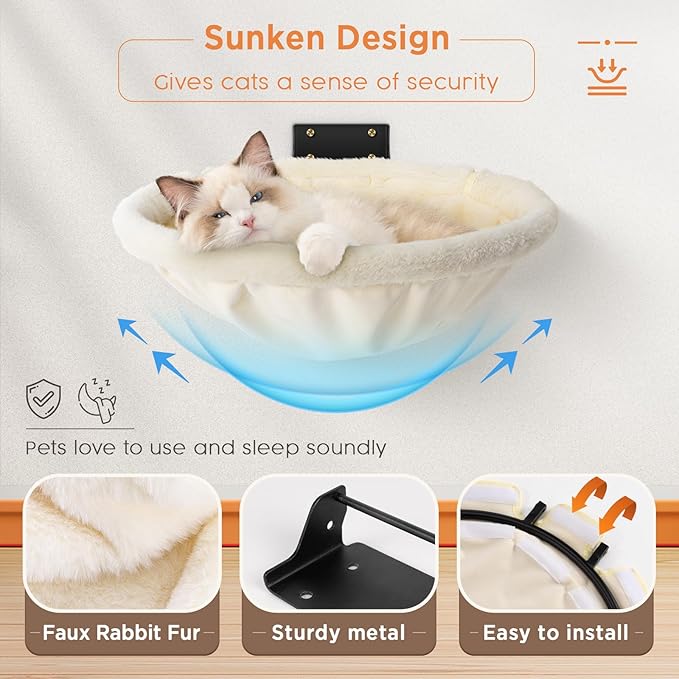 Cat Hammock Wall Mounted, Foldable & Stable Cat Beds- Breathable Cats Wall Shelves for Sleeping, Playing, Climbing, and Lounging - Maximum Hold Up to 30lb（Gray+Cream,Faux Rabbit Fur）