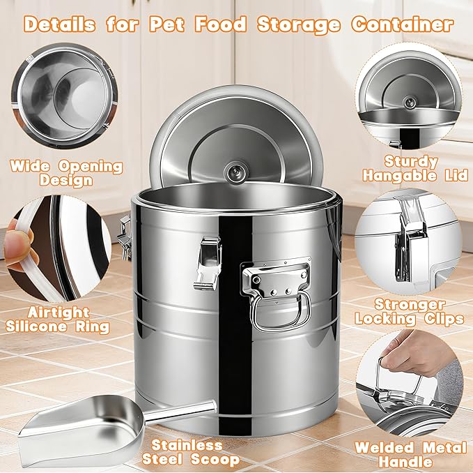 40lb Stainless Steel Dog Food Storage Container, Large Capacity Metal Pet Food Storage Container with Scoop, Airtight Dog & Cat Food Treat Bin for Dry Food Keep Fresh for Multi-Pet Households