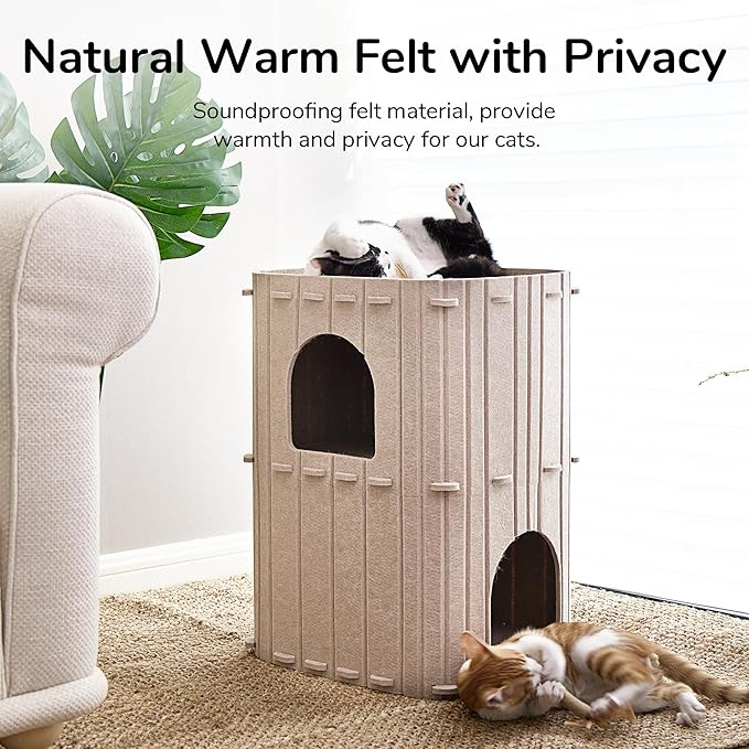 FUKUMARU Cat House for Indoor Cats, 23.62 Inch Large Cat Bed Cave Condo, 2-Storey Cozy Felt Covered Cats Tunnel Kitten Hideaway for Multicats, Scratch Resistant, Beige