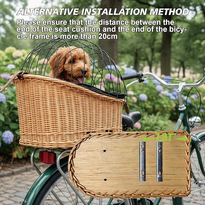 Rear Bike Basket for Dogs, Wicker Pet Bicycle Carrier for Small Dog Cat with Protective Grille Liner Eco Friendly Natural Rattan Doggy Back Luggage Rack Seat (Brown Style1)