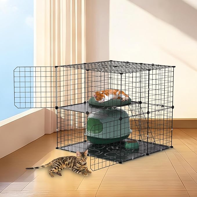 2 Tier Cat Cage, Indoor Cat Enclosures, DIY Cat Playpen Detachable Metal Wire Kennels Cats Crate Kitten House with Climbing Ladders 2 Doors Large Exercise Place for 1-3 Cats/Kitten, 28"x28"x28"