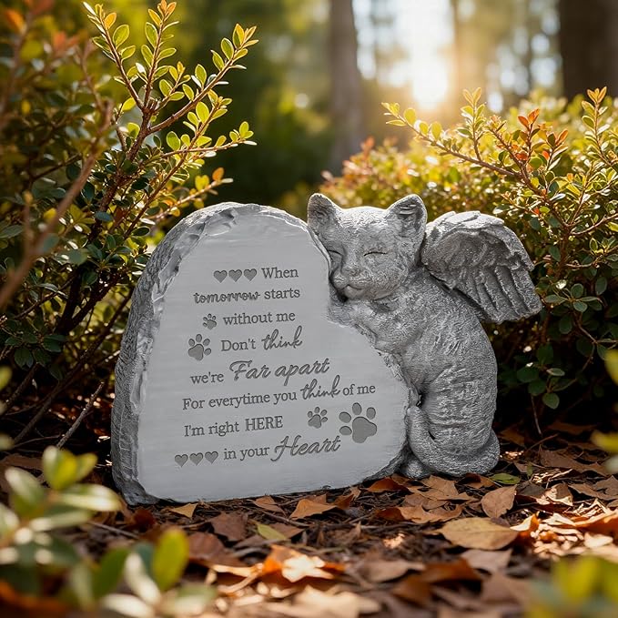 Cat Memorial Gifts for Loss of Cat, Pet Loss Sympathy Gift, Angle Cat Figurine Placed in Outdoor Garden or on Tombstone, Pet Memorial Stone