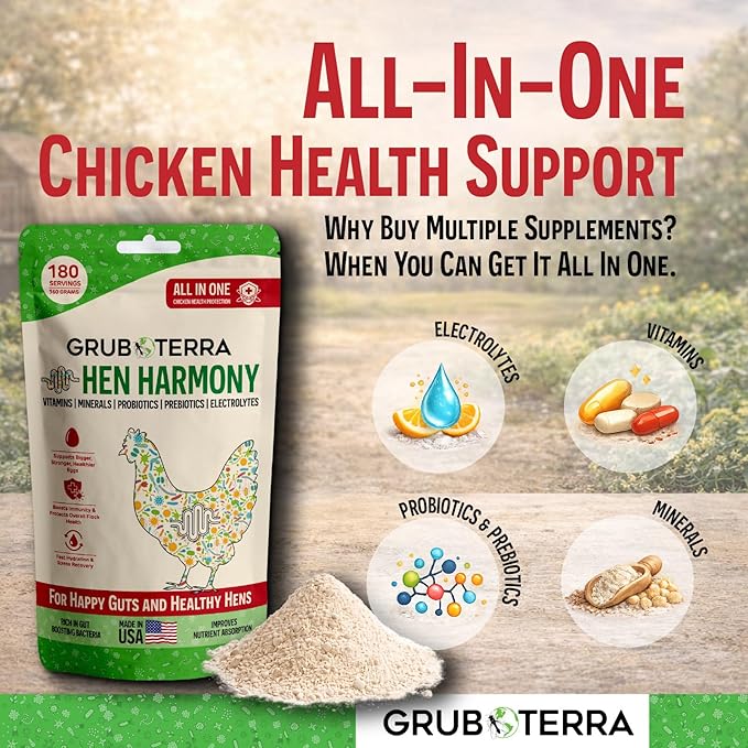 GrubTerra Hen Harmony – All-in-One Chicken Electrolytes for Water with Probiotics & Prebiotics, Daily Gut Supplement and Vitamins Supporting Hydration, Digestion, Egg Production – 180 Servings