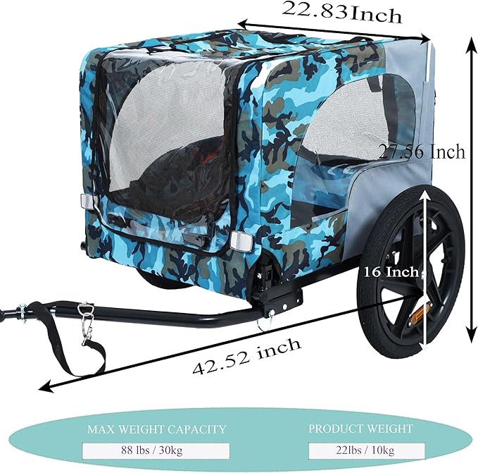 Heavy Duty Dog Bike Trailer with 16" All-Terrain Wheels & Universal Hitch, Foldable Pet/Cargo Carrier for Bicycles, Camping, Hiking