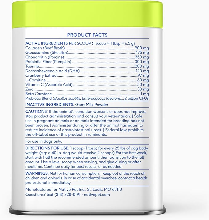 Native Pet Dog Vitamins & Supplements - 11-in-1 Multivitamin Powder for Dogs Food Topper - Collagen, Glucosamine, Probiotics, Omega & More- Supports Healthy Gut, Mobility & Overall Health -30 Scoops