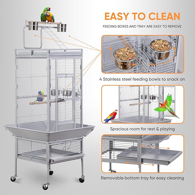 LEMY 61 Inch Bird Cage,Large Iron Flight Parakeet Cage with Play Top and Rolling Stand,White Indoor&Outdoor Use Birdcage for Parrots,Cockatiels,Conures,Lovebirds, Small Birds