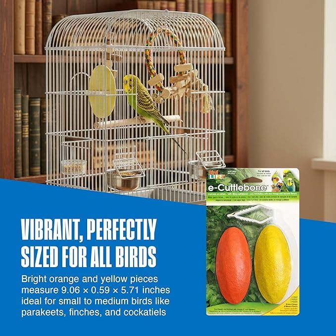Penn-Plax Bird-Life E-Cuttlebone Flavored, 1 Pack (2 Counts) - Mango & Banana - Durable, Less Brittle Cuttlebones Enriched with Omega 3 & Vitamin B1 - Cage Clip - for All Bird Sizes - Orange & Yellow