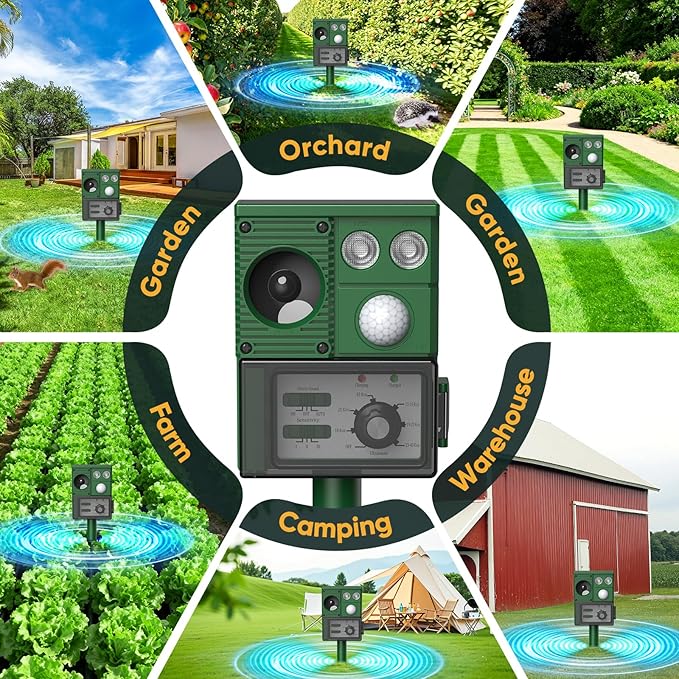 2026 Upgraded Solar Ultrasonic Animal Repellent, Deer Repellent Devices Cat Repellent Outdoor Squirrel Repellent Dog Raccoon Skunk Rabbit Rodent Coyote Repeller, PIR Sensor, Flash Light (Green)