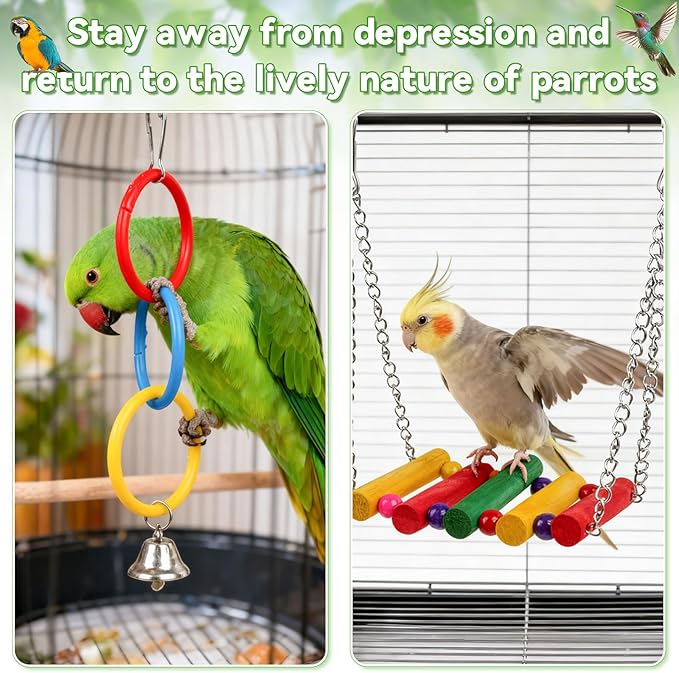 Perch Platform Bird Toys with Bird Mirror Climbing Ladder Swing,Tricolor Ring,Birds Perch Platform Bird Toys,Wooden Bird Cage Accessories,Suitable for Various Parrots and Birds