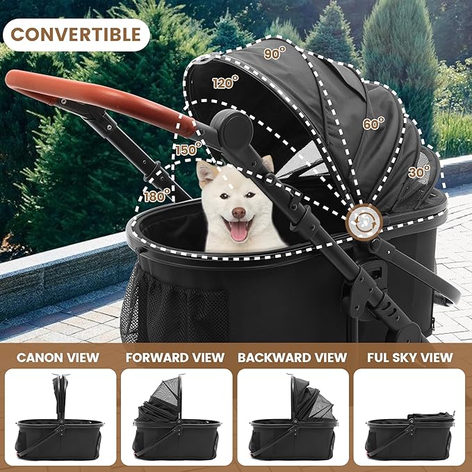 Pet Stroller for Medium Dogs, Smooth-Ride Dog Stroller with Detachable Carrier, Rubber Wheels, Car Seat Combo 3-in-1, Up to 50 lbs, for Senior Dogs & Cats, Black