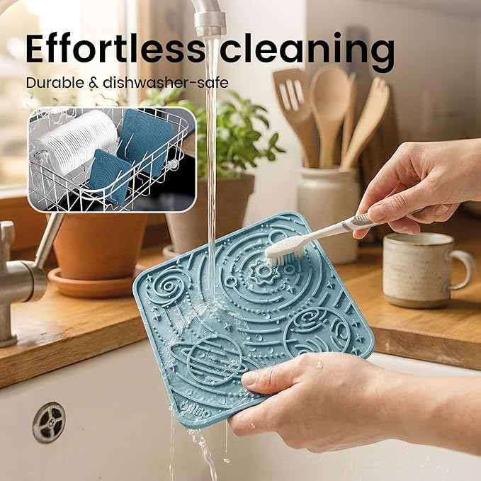 OHMO Lick Mat for Dogs and Cats(Small, Dark&Light Blue, 2pcs) Enrichment Accessories Toy Space Star Easy Clean Pet Slow Feeder/Suction Cups, Licking Pad for Anxiety Relief and Boredom Reduction