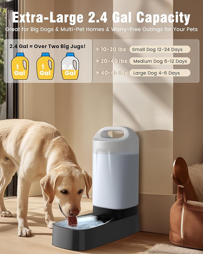 Automatic Dog Water Bowl Dispenser - 2.4 Gallon Stainless Steel Gravity Pet Water Feeder with Ergonomic Handle Design Anti Splash Drinking Bowl Without Filter Easy to Clean Multi Pet Use