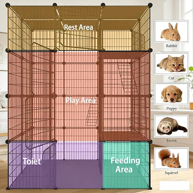 Large 4-Tier Cat Cage Indoor, DIY Cat Enclosures Detachable Metal Wire, Indoor Cat Crate Exercise Place Ideal for Kitty, Small Animals (White, 41" L x 41" W x 55" H, 7)