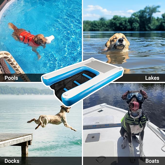 Inflatable Water Ramp for Dogs 60" L x 40" W - Durable, Puncture-Resistant Surface Ensures Safe and Easy Access to Water for Dogs Up to 230 Pounds, Perfect for Pools, Lakes, and Beaches