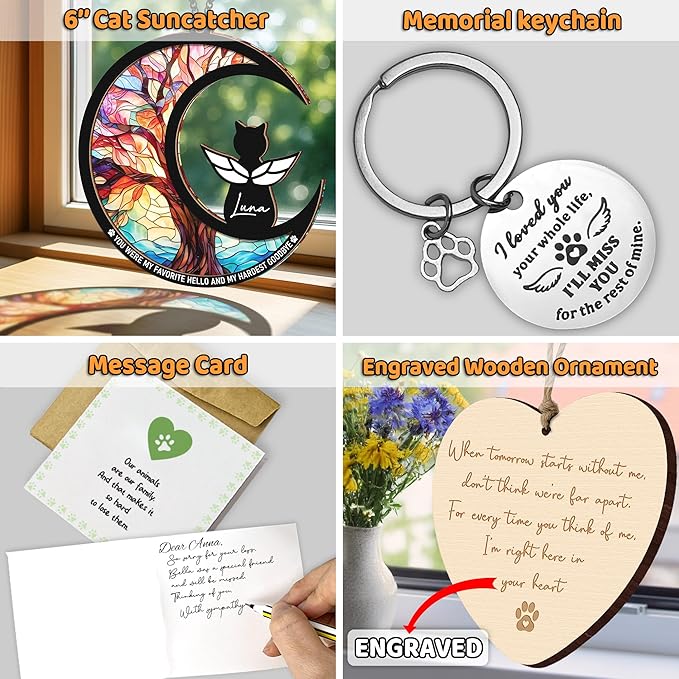6" DIY Cat Memorial Suncatcher – 4-in-1 Cat Memorial Gifts for Loss of Cats, Pet Remembrance Gifts | Loss of Cats Sympathy Gift with Ornament, Keychain & Sympathy Card PS191