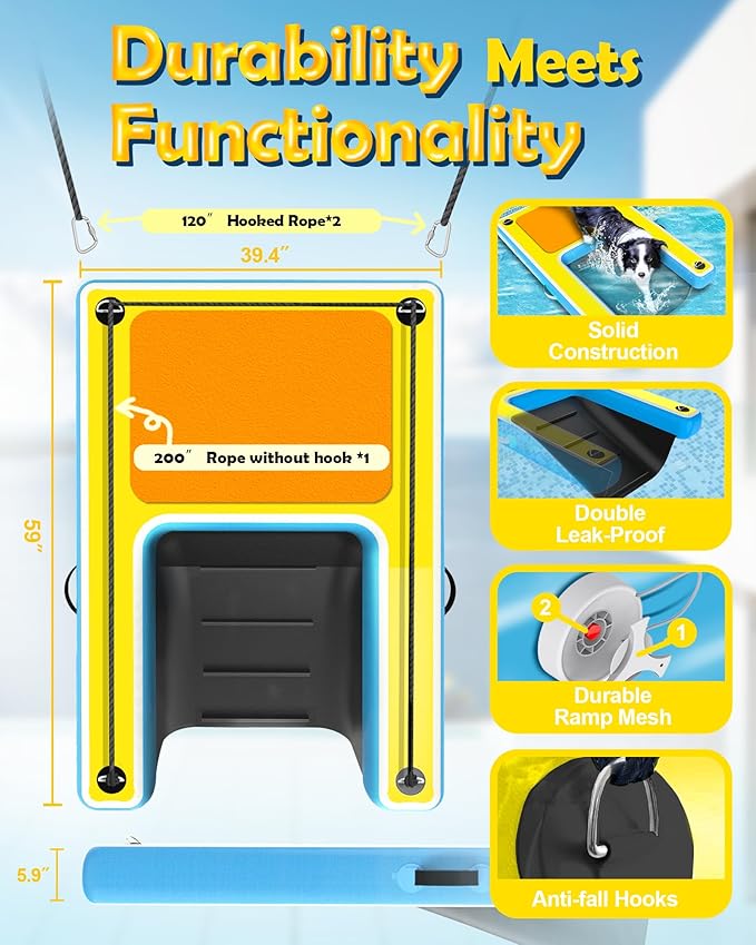 Inflatable Dog Pool Water Ramp – 60"x40" Extra Large Boat Ramp for Dogs Up to 240 lbs, Non-Slip EVA Foam Inflatable Dock Floating Platform, Pool Floats Platform for Lakes, Boats& Oceans