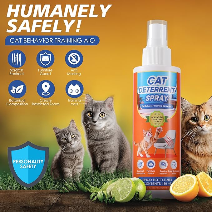 Natural Cat Deterrent Spray, Cat Repellent Spray for Indoor and Outdoor, Strengthened Cat Scratch Deterrent for Furniture, Anti Marking Deterrent for Sofas or Carpet (150 ml)