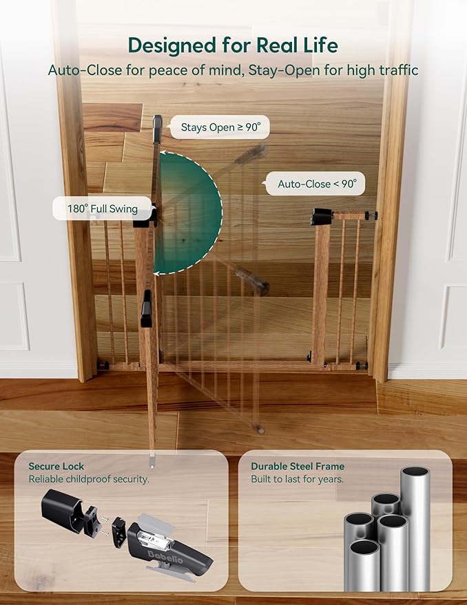 Babelio 29-48" Metal Baby Gate with Brown Wood Pattern, Auto Close Dog Gate PressGuard P7 for The House, Stairs and Doorways, Pressure Mounted Pet Gate with Door, Safety Gate for Child and Pets