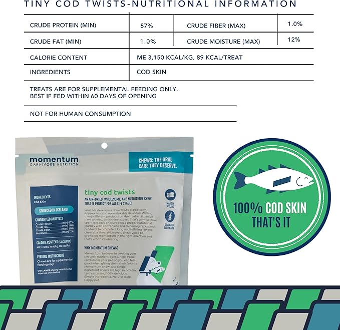 Momentum Carnivore Nutrition Tiny Cod Twists Dog Chews – Single Ingredient Icelandic Cod Skin Treats – Natural Dental Support, High-Protein Fish Chews – 3.1 oz Bag
