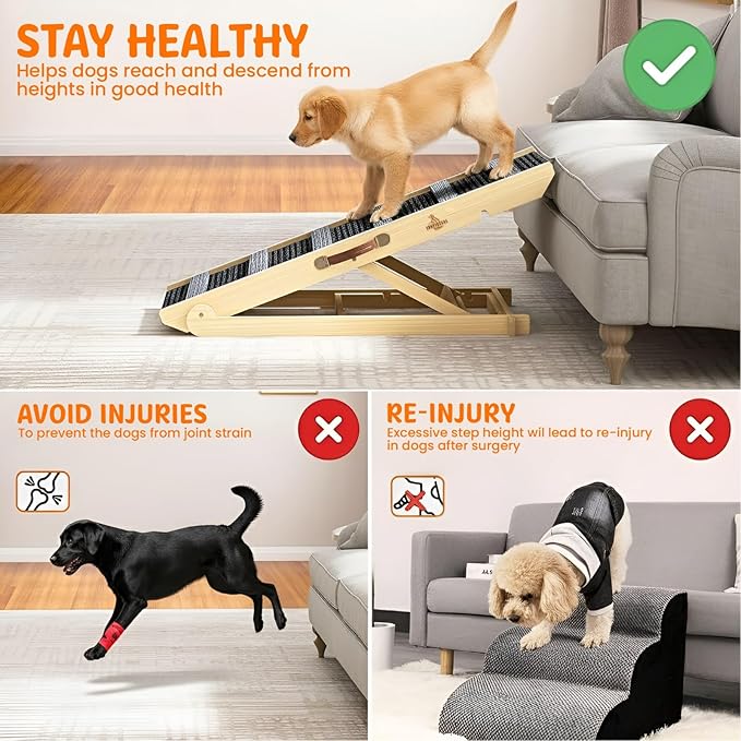 Large Dog Ramp for Bed and Couch Non Foldable Wooden Adjustable Pet Stairs for Dogs and Cats 41.3" Non Slip Ramp with 6 Height Settings Upto 25.6" Puppies, Pets, Indoor Outdoor Use