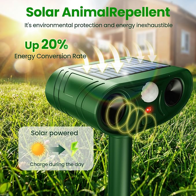 2026 Upgraded Solar Ultrasonic Animal Repellent Outdoor Deer Cat Repellent with Motion Sensor Flash Light,IP65 Waterproof Repeller Keep Rodent Squirrel (2)