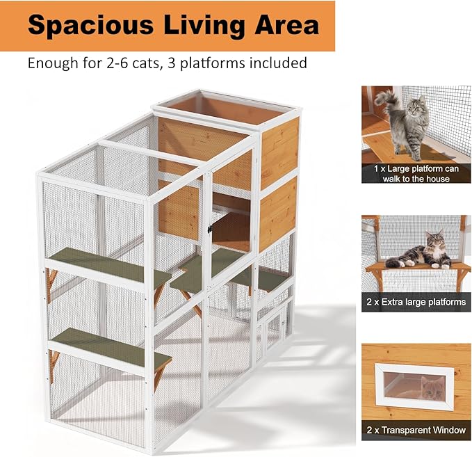 Large Indoor Cat Catio, 4 Tier Outdoor Cat Enclosures House for Cats with Waterroof Roof, 3 Resting Rooms, 3 Platforms, Cats Catio Connect to Window with 2 Large Door, Feral Pet Shelter, White