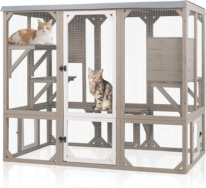 Large Catio Outdoor Cat Enclosure Window Access, Wooden Kitty Cage with Resting Room & 3 Platforms for Multiple Feral Cats, Cat House Attached to Window, Pet's Door for Patio Indoor