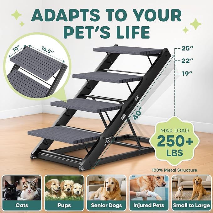 2-in-1 Metal Dog Ramp/Stairs, Dog Ramp for Bed, Couch and Car, Nonslip Carpet, Wheels, up to 250lbs, Outdoor Indoor, (40" Lx17 W) 19" to 25" Adjustable Height, for Small Medium Large Pets