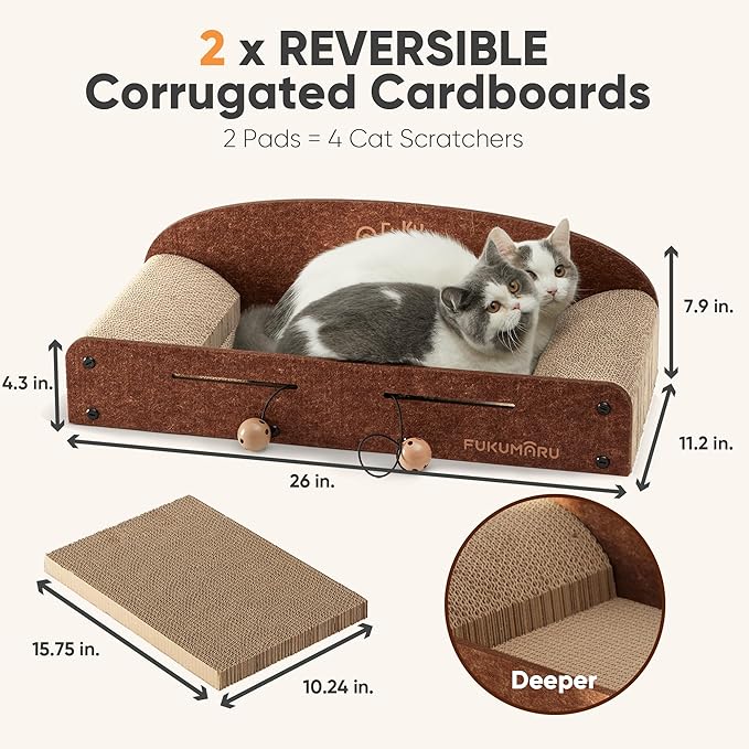 FUKUMARU 26 Inch Cat Scratcher Bed, 2 Reversible Cardboard Cat Scratch Pads Refill for Indoor Cats, Durable Large Cats Scratching Bed Sofa Couch Lounger with Fun Toys, Furniture Protector, Caramel