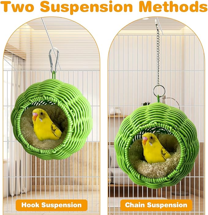 Rattan Birds Nest for Cage Hanging Parakeet House Chewproof Parrot Breeding Bed Small Budgies Hideout Swing Hut Bird Cage Accessories for Lovebirds Cockatiel Conure Finch Canary (Green)