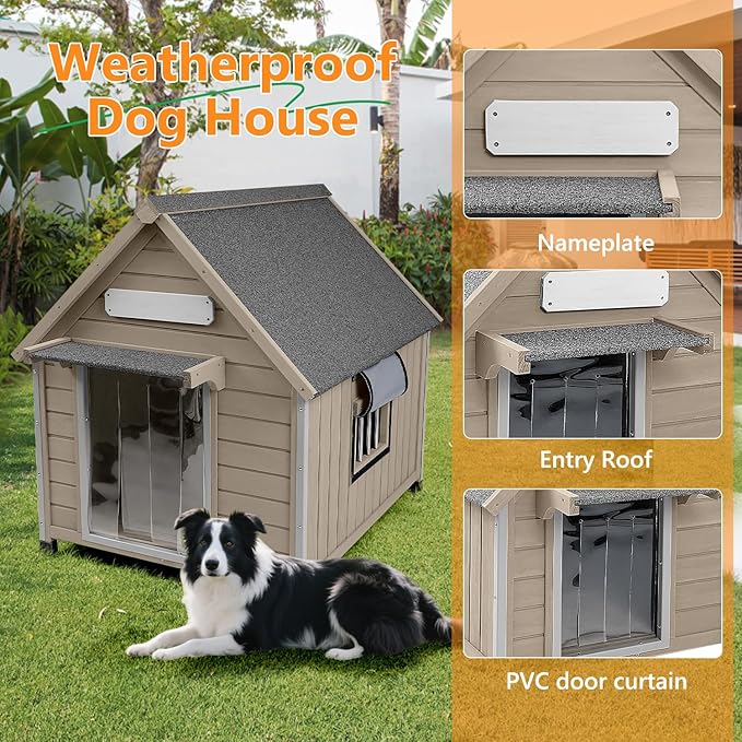 Large Dog House Outdoor with Window, Wooden Outdoor Dog House Kennel with Chew-Proof Iron Frame, Waterproof Roof, Doghouse Puppy Shelter for Dogs, 37.4''W x 30.5'L'x 39.3''H