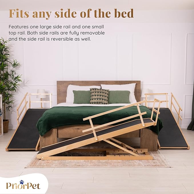 Dog Ramp for Bed with Safety Rails for High Beds up to 37" – Extra Wide 19.5" Adjustable Dog Bed Ramp for Large Dogs up to 200 lbs – Solid Birchwood, Non-Slip Rubber Surface, Foldable Design – Natural
