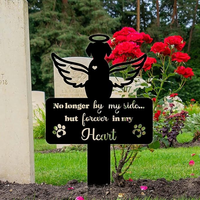Angel Dog Grave Marker – 12in Memorial Stone with Halo and Paw Prints, Weatherproof Pet Headstone for Outdoor Use, Dog Tombstone for Graves, Sympathy Gift for Loss