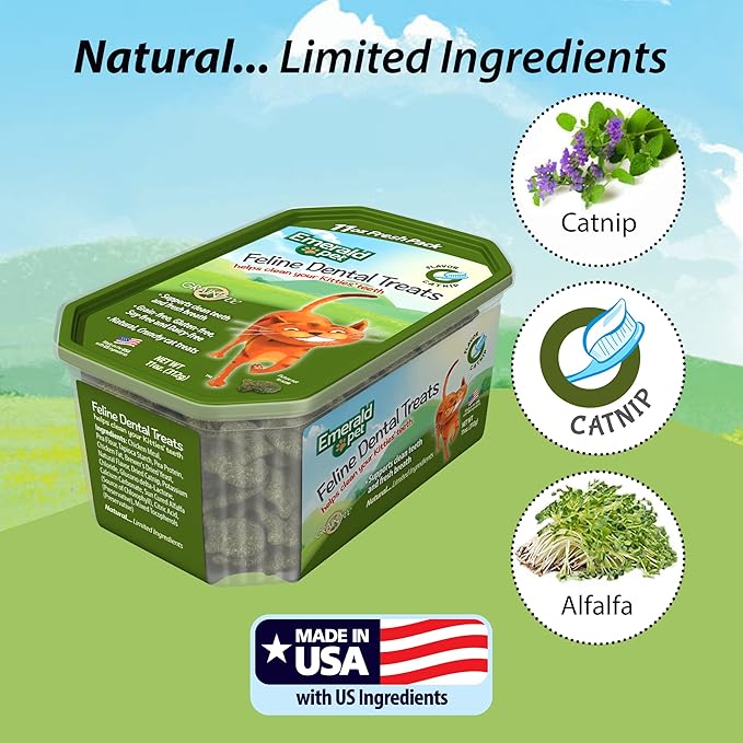 Emerald Pet Grain-Free Cat Dental Treats with Catnip – Crunchy Natural Dental Treats for Cats to Clean Teeth, Freshen Breath, and Reduce Plaque & Tartar – 11 oz Tub