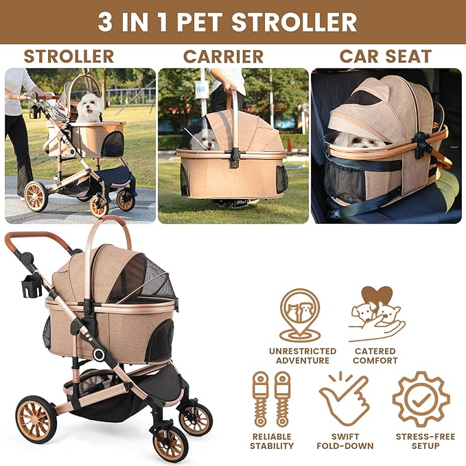 Pet Stroller for Medium Dogs, Smooth-Ride Dog Stroller with Detachable Carrier, Rubber Wheels, Car Seat Combo 3-in-1, Up to 50 lbs, for Senior Dogs & Cats, Tan